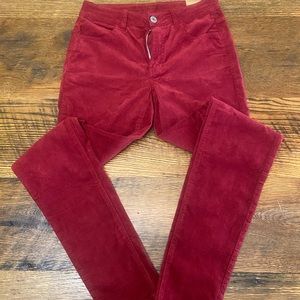 Red, velvet skinny jeans